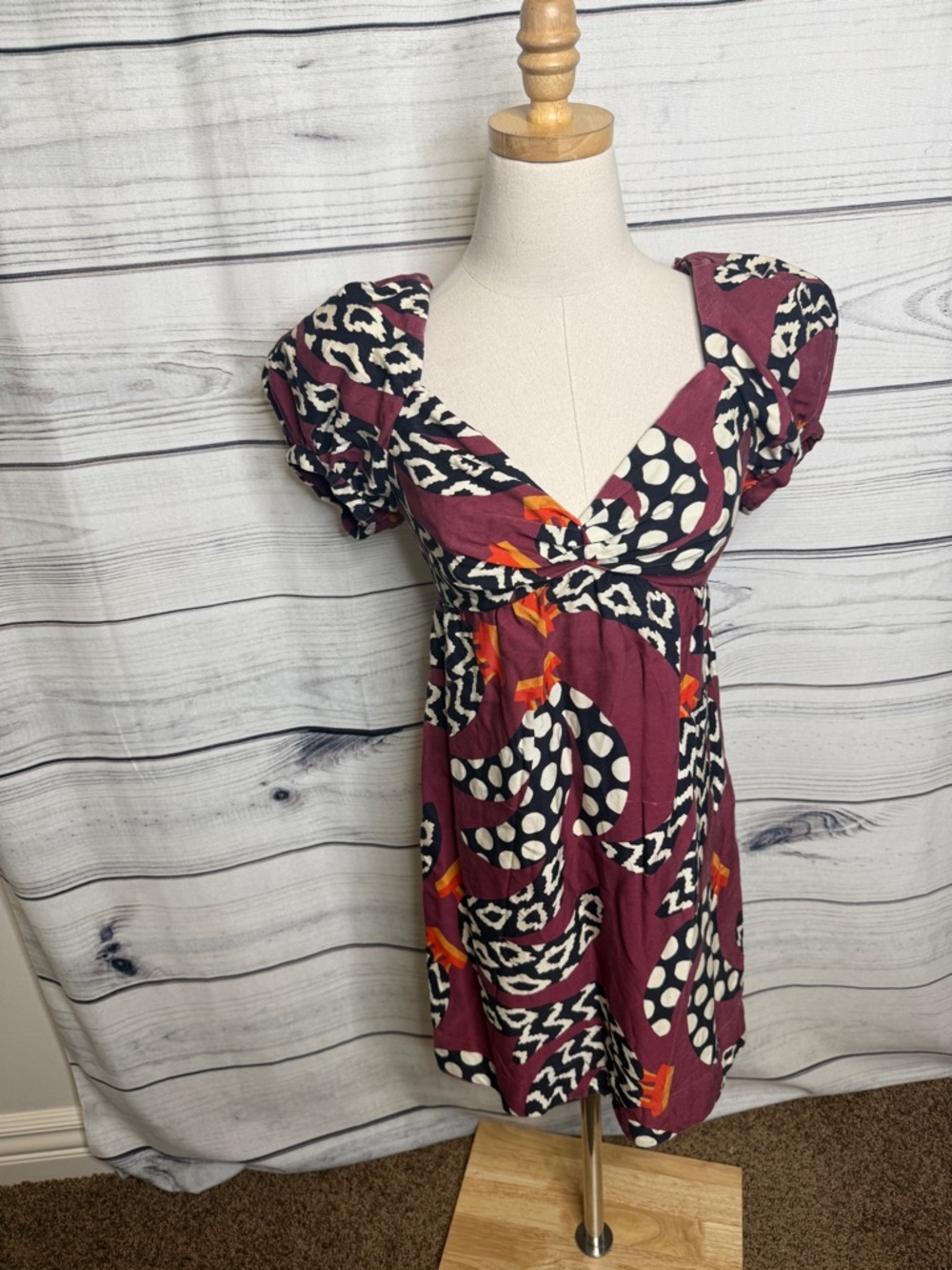 FARM Rio Burgundy Mixed-Print Puff-Sleeve Mini Dress
